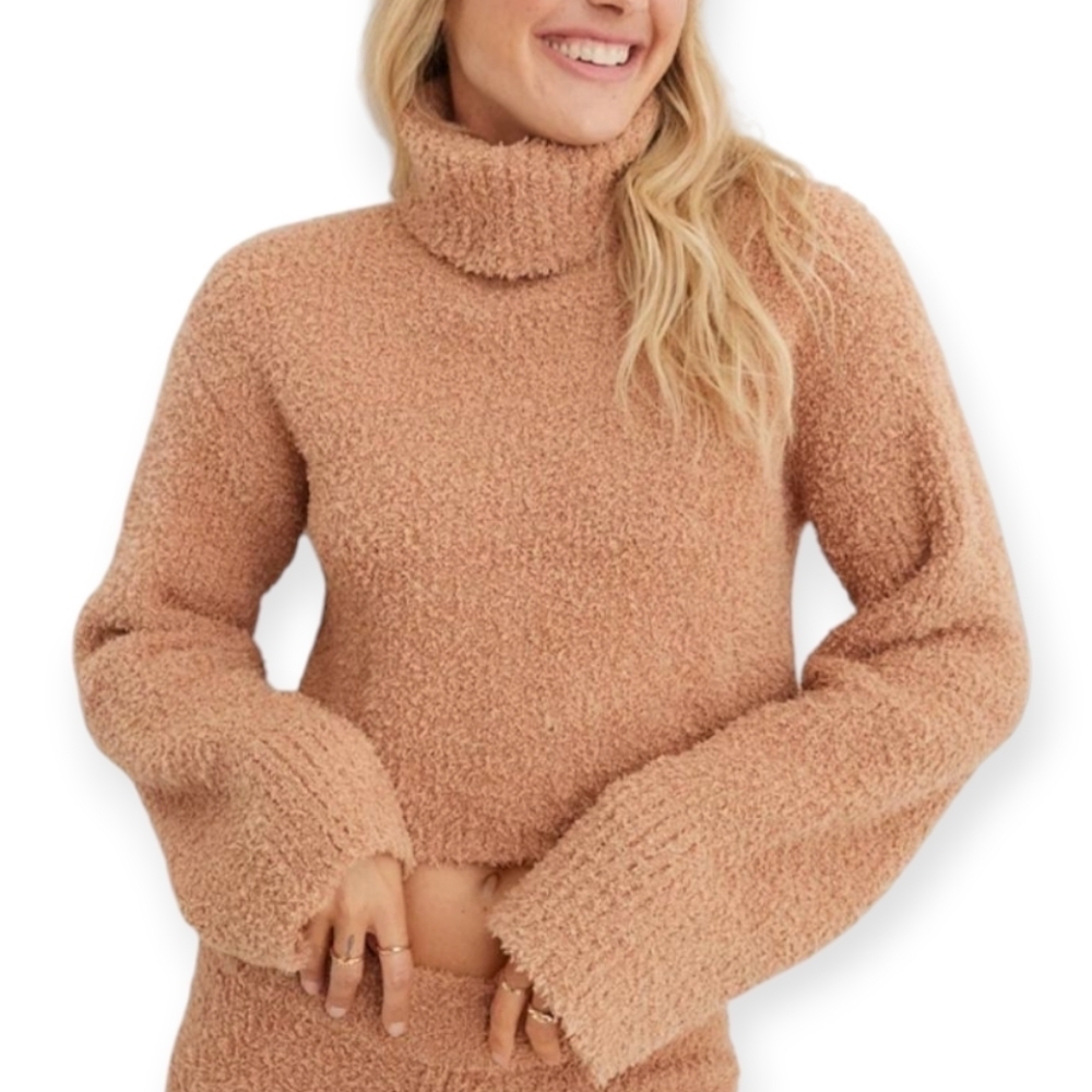 Aerie Marshmallow Turtleneck Cropped Sweater Bell Sleeves Fuzzy Tan/Orange XL